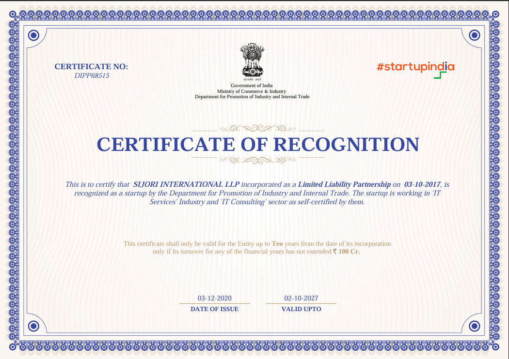 Startup India certificate for Sijori International LLP